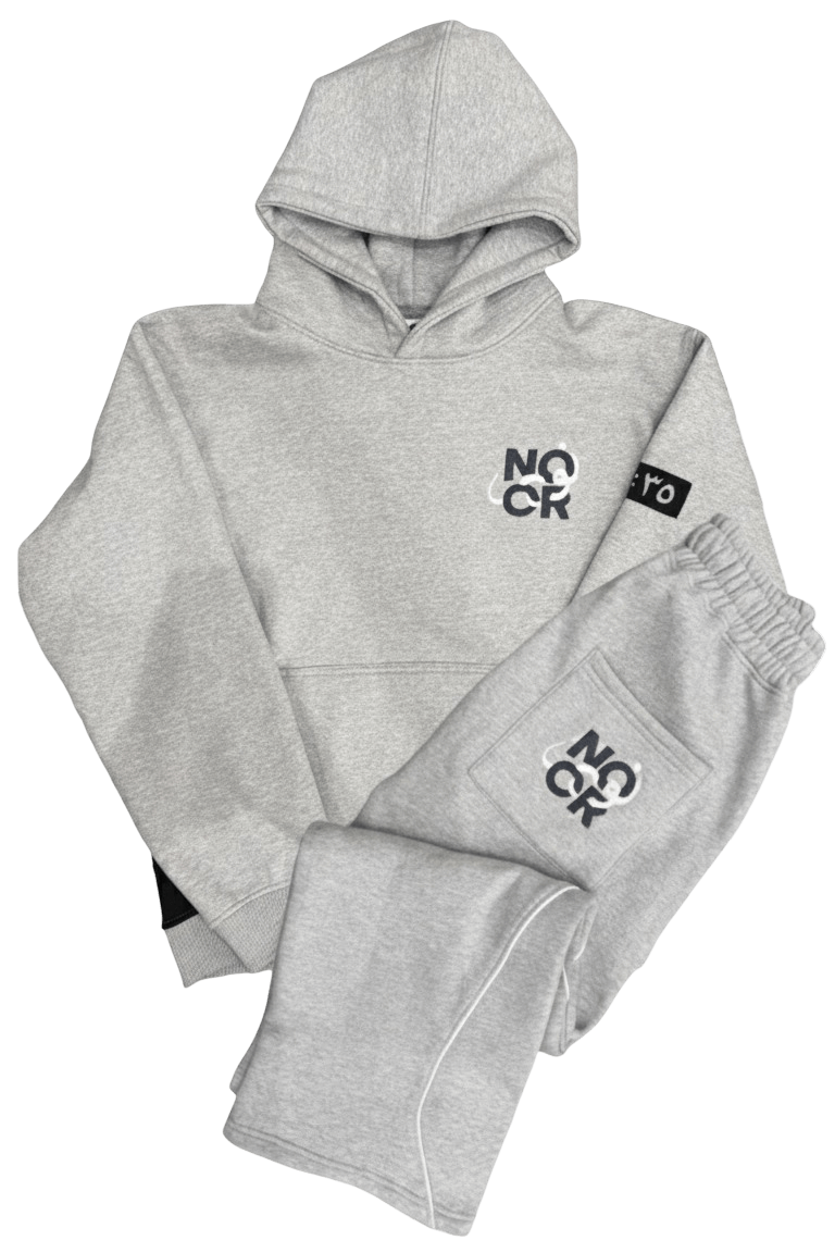 Gray Hoodie and Pants tracksuit featuring Arabic, premium stitching, and streetwear style from Noor Apparel.